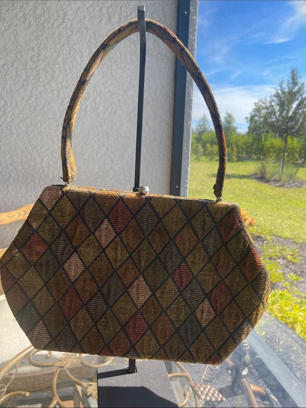 Diamond Quilted Woven Top-Handle Clutch in Olive Multicolor
